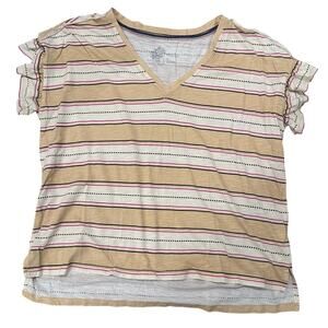 Pilcro Anthropologie Yellow Striped Short Ruffled Sleeve Top V-Neck, Size XS